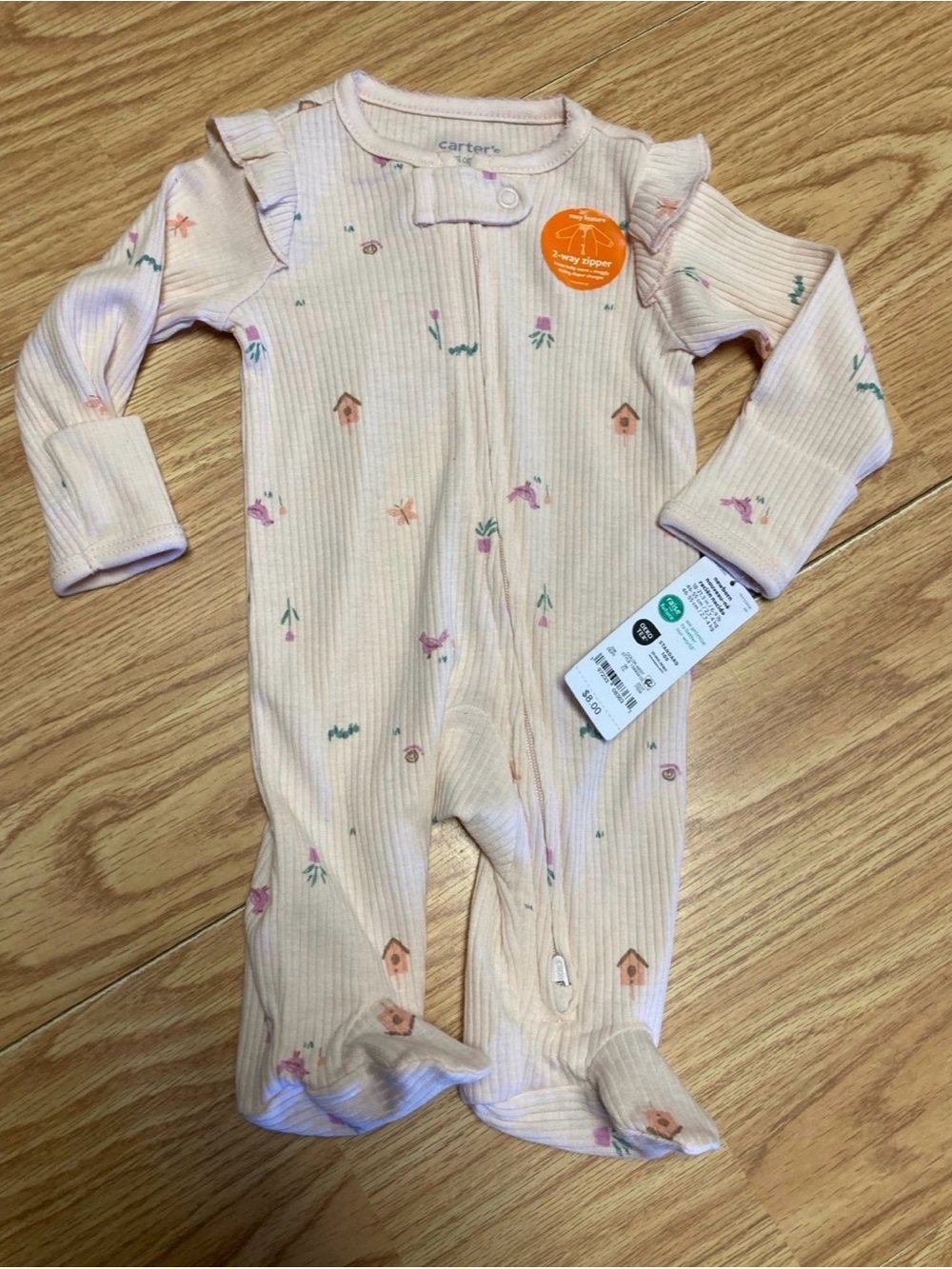 Carter's Light Pink Ribbed Floral & Birdhouse Footed One-Piece